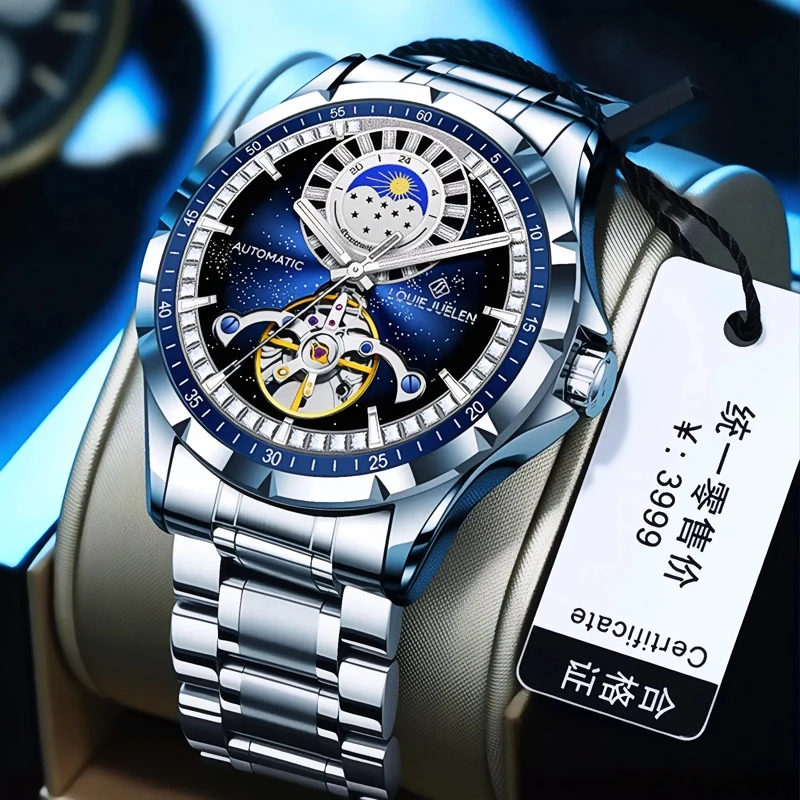

Fashion Moon Phase Skeleton Tourbillon Watches Men's Business Watch Stainless Steel Waterproof Luminous Luxury Wristwatch Male
