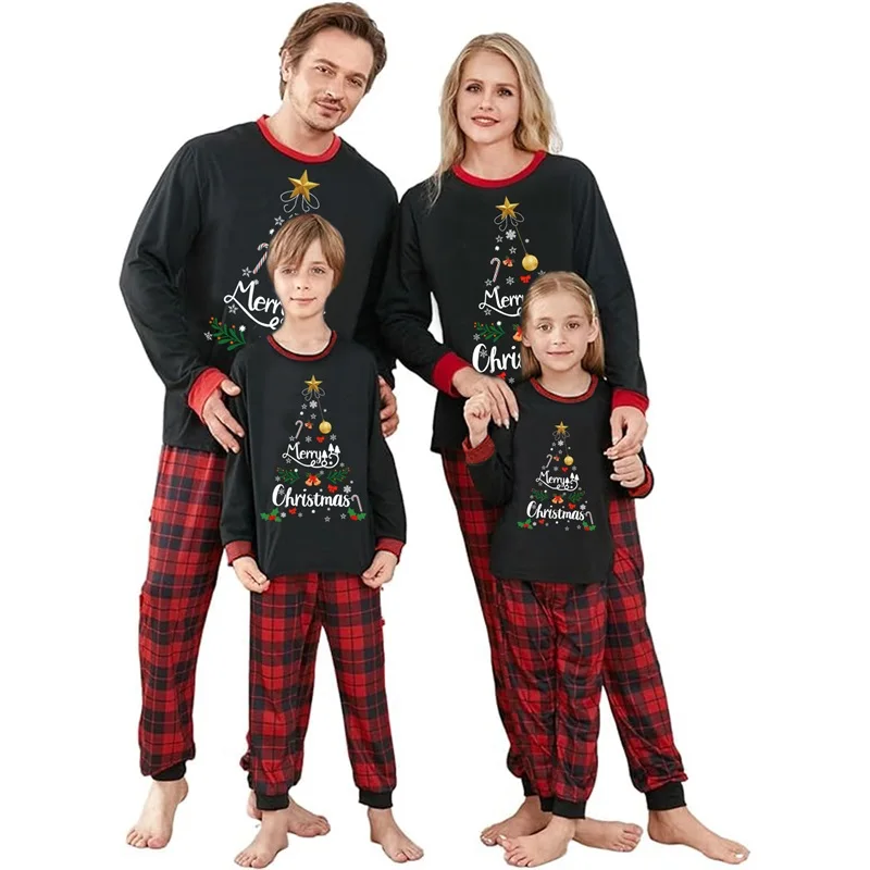 New Family Matching Christmas Pajamas Letter Snowflake Print Long-Sleeved Tops + Plaid Trousers Sleepwear Outfits Hot Sale