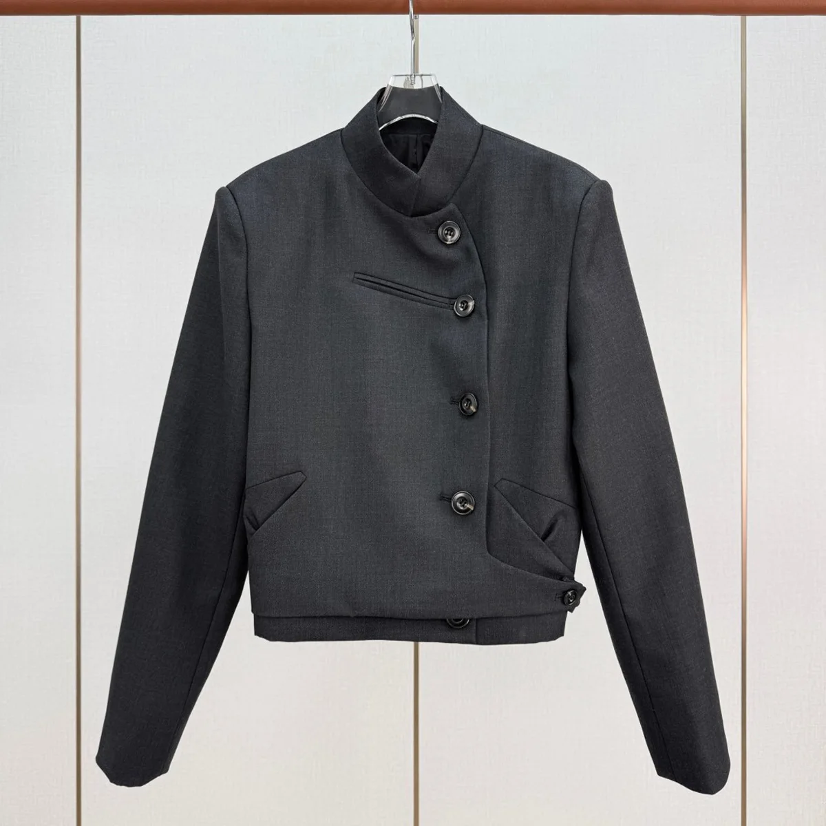 High Quality Women Stand Collar Cropped Suit Jacket, Diagonal Button Slim Long Sleeve Outerwear lyt134798