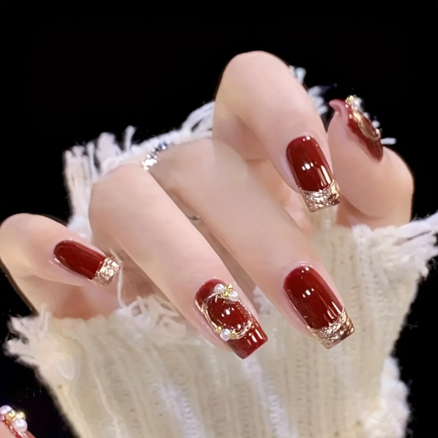 Glossy New Year Red 24pcs Medium Square Fake Nails with Pearl Design and Golden Glitter - Stick On False Nails for Women and Gir