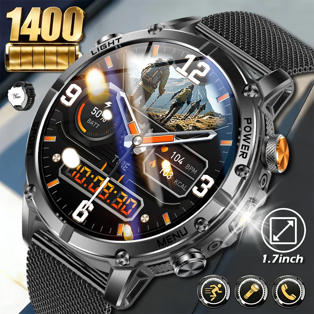 New Outdoor Military 1400mAh Battery Smart Watch Men Sports GPS Track SOS Flashlight IP68 Waterproof Bluetooth Call Smartwatches