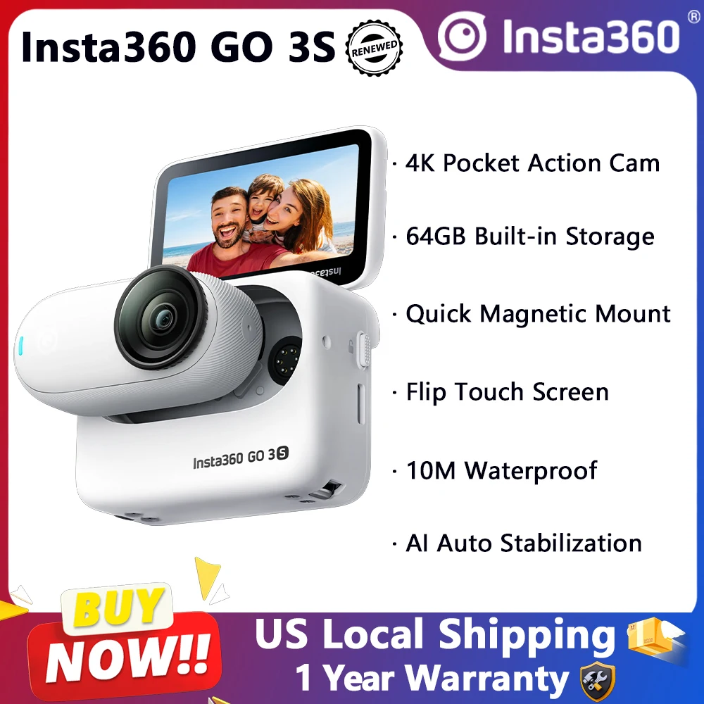 Insta360 GO 3S Tiny 4K Action Camera for Vlogging Arctic White Refurbished Digital Camera For Go Pro Vlogging Cameras with 128GB Built-In Waterproof 10M FlowState Stabilization 360° Camera Fast Shipping From US