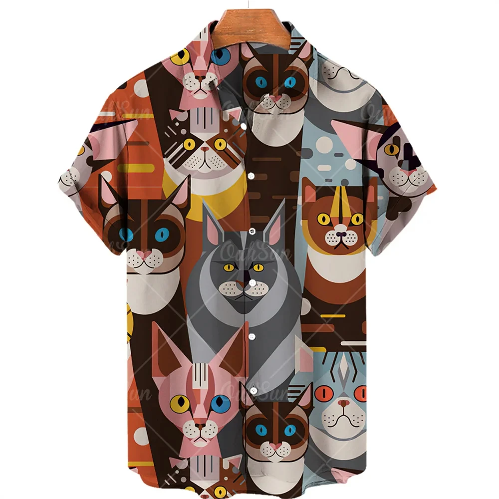 Camisa masculina e feminina Animal Cat com estampa 3D, moda casual, mangas curtas, lapela de botão, streetwear, roupas unissex extragrande