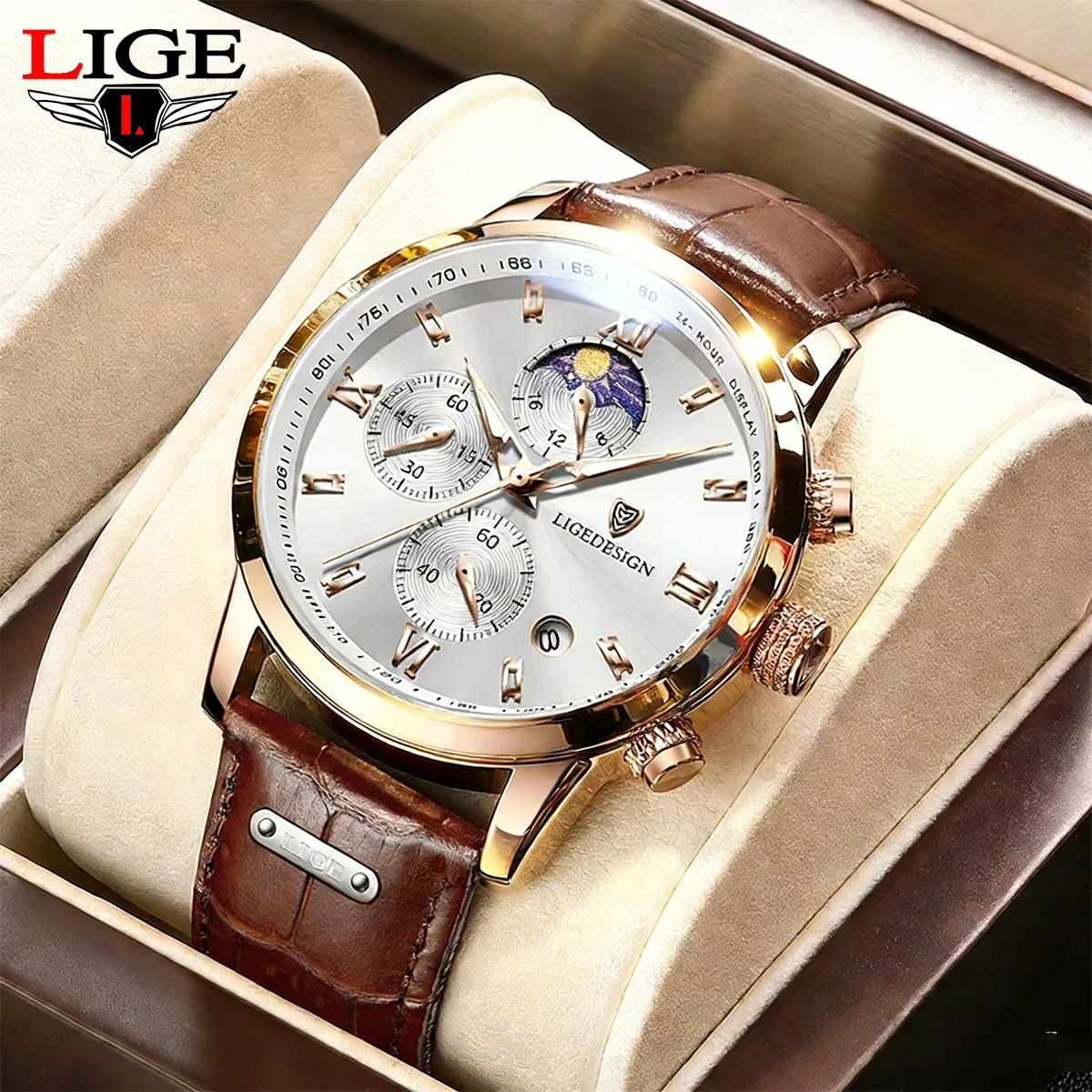 

Мужские повседневные роскошные часы LIGE, кожаные водонепроницаемые спортивные кварцевые наручные часы, хронограф, военные часы для мужчин, Relogio Masculino