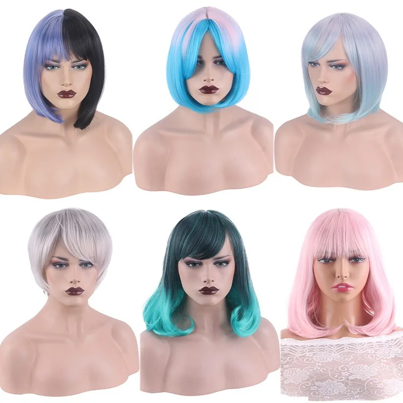 

Lady Double Tone Color Pear Blossom Head Halloween Dress Up Headwear Gradient Bangs Bob Ball Clothing Accessories Short Hair Wig