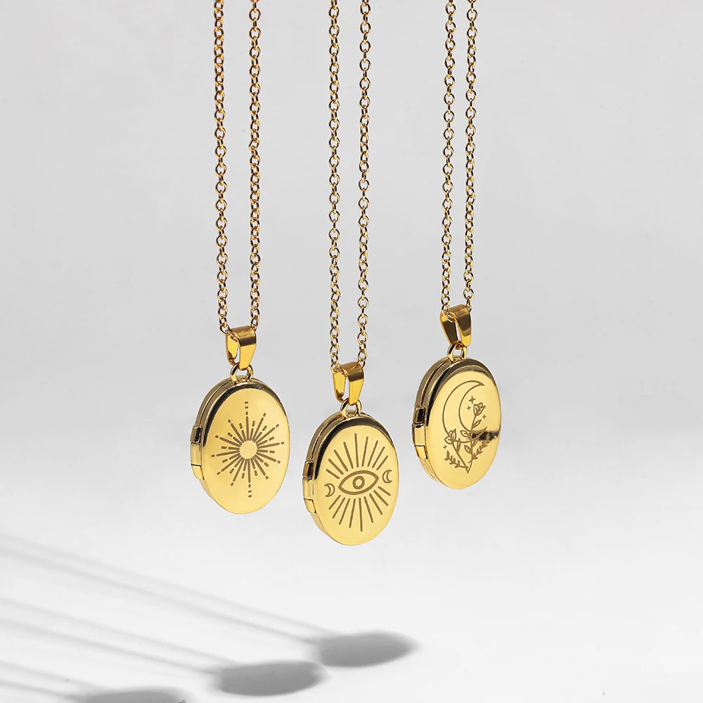 Vintage Moon Sun Evil Eyes Photo Frame Locket Necklace for Women Gold Color Stainless Steel Round Oval Pendant Neckalces Jewelry