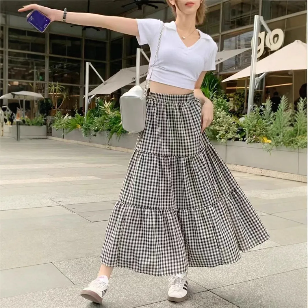 

Summer Plaid Long Skirt Women's High Waist A-Line Midi Slimming Vintage Square Grid Half-length Umbrella Skirt