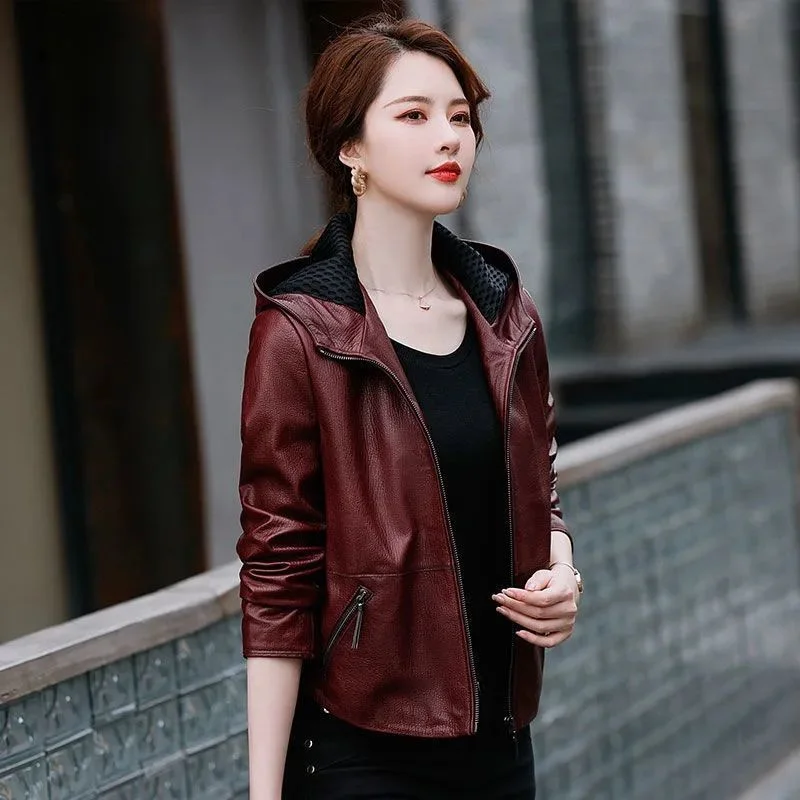 Women's Locomotive Jacket 2026 New Spring Autumn Casual Short Leather Coat Fashion New  Hooded Korean Version Top Outerwear