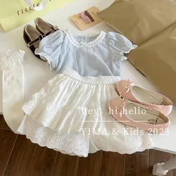 T-shirt Korean Girls Fashion Summer Children Cotton Short Sleeved Tide 2024 Round Collar Lace Puff Sleeve Bow Elastic Waist