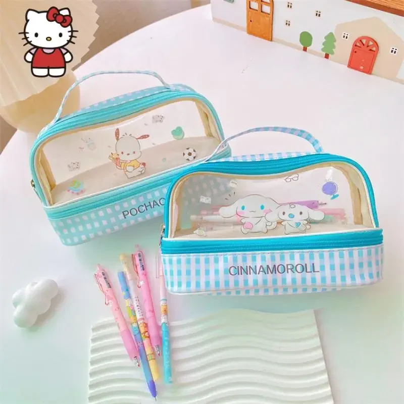 Anime HelloKittys Pvc Transparent Pencil Case Kawaii My Melody Kuromi Cartoon Coin Purse Handbag Girls Cosmetic Storage Bag