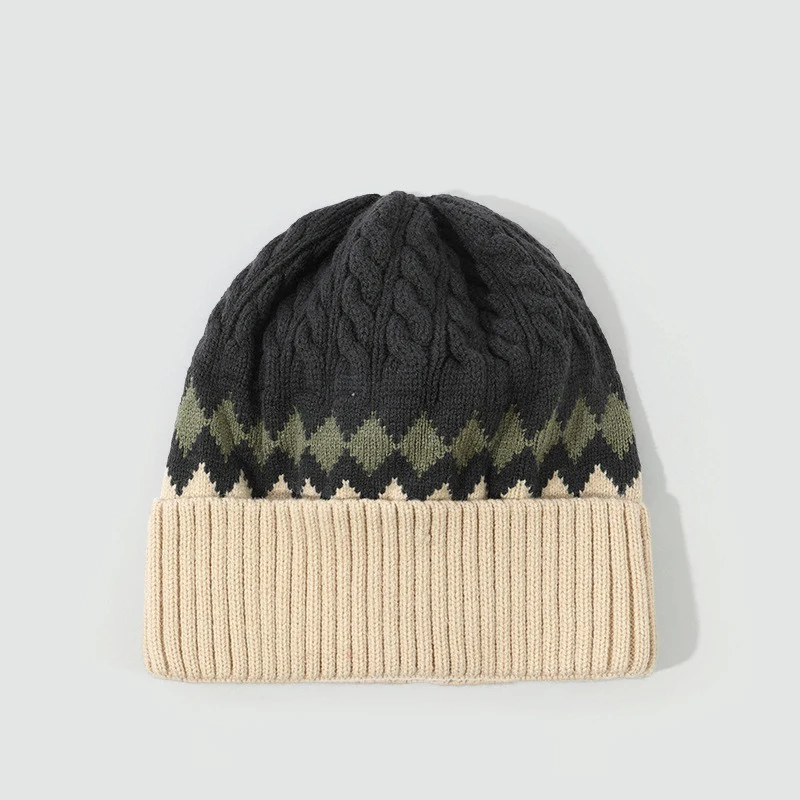 

Зимняя вязаная шапка с ромбовидным узором, женская теплая шапка-ушанка с цветными блоками, кепка с напуском и черепом, уютная мешковатая эластичная уличная одежда на открытом воздухе