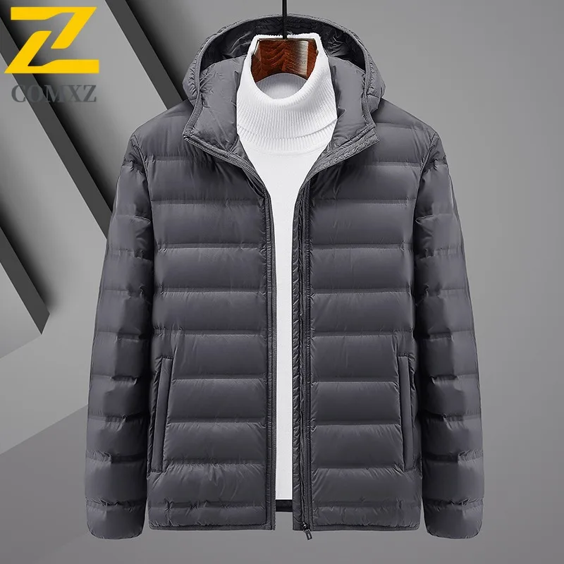 

COMXZ Men Down Jacket Classic Hooded Collar Korean Style Fashion Cold Protection Warm Parka Travel Windproof Winter Down Coat