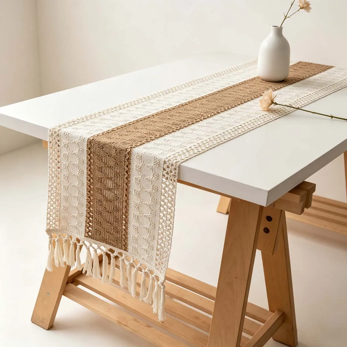 Cotton Linen Table Runner Fringe Tassel Boho Farmhouse Natural Table Runner for Rustic Bohemian Wedding Dining Table Decoration