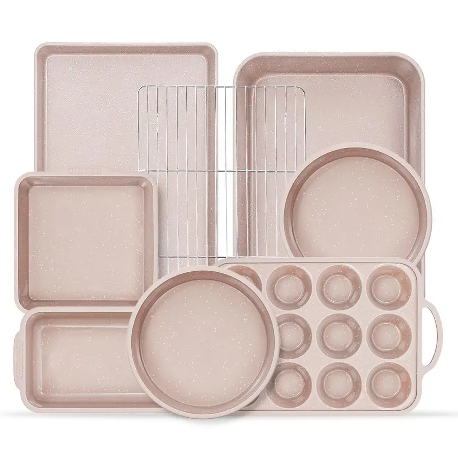 

8Piece Baking Pans Set Nonstick, Bakeware Set includes Silicone Muffin, Loaf, Cake Pans with Metal Reinforced Frame, and Carbon