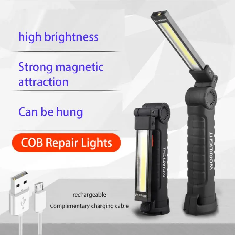 Portable LED COB Flashlight USB Rechargeable Work Light Folding Magnet Lanterna Hanging Lamp Car Repair Lamp Camping