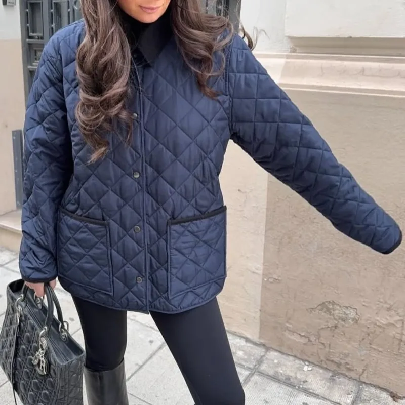 

Vintage Cotton Jacket Coat For Women 2025 New Autumn Fashion Oversized Contrast Color Lapel Long Sleeve Pocket Parkas Outwears