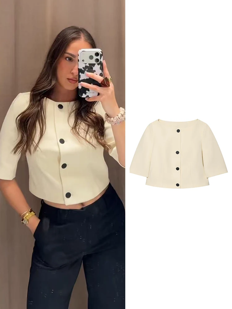 Summer New Women Retro Short Sleeve Jacket Commuting Style Solid Color O Neck Button Up Short Coat Fashion Female Elegant Top