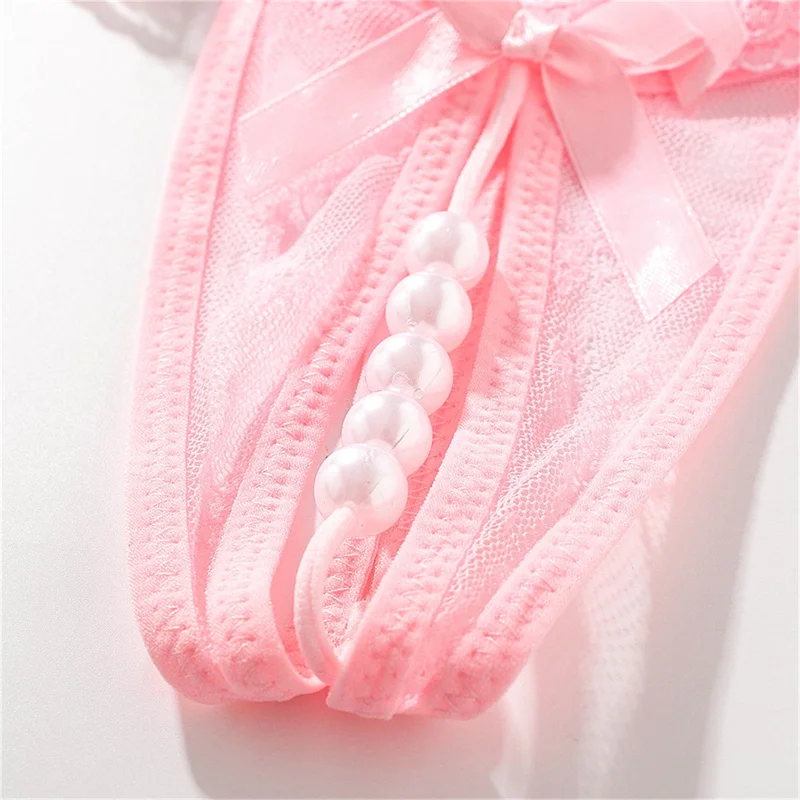 Women Sexy Panties Girl Gauze Bowknot Beads Lace Lingerie Underwear Low Waist Pearls Underpants Female Thongs Briefs Temptation