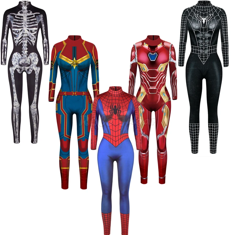 Siêu Anh Hùng Spiderman Người Sắt Bodysuit Trang Phục Hóa Trang Nữ Slim Kỹ Thuật Số In Jumpsuit Halloween Lạ Mắt Đầm