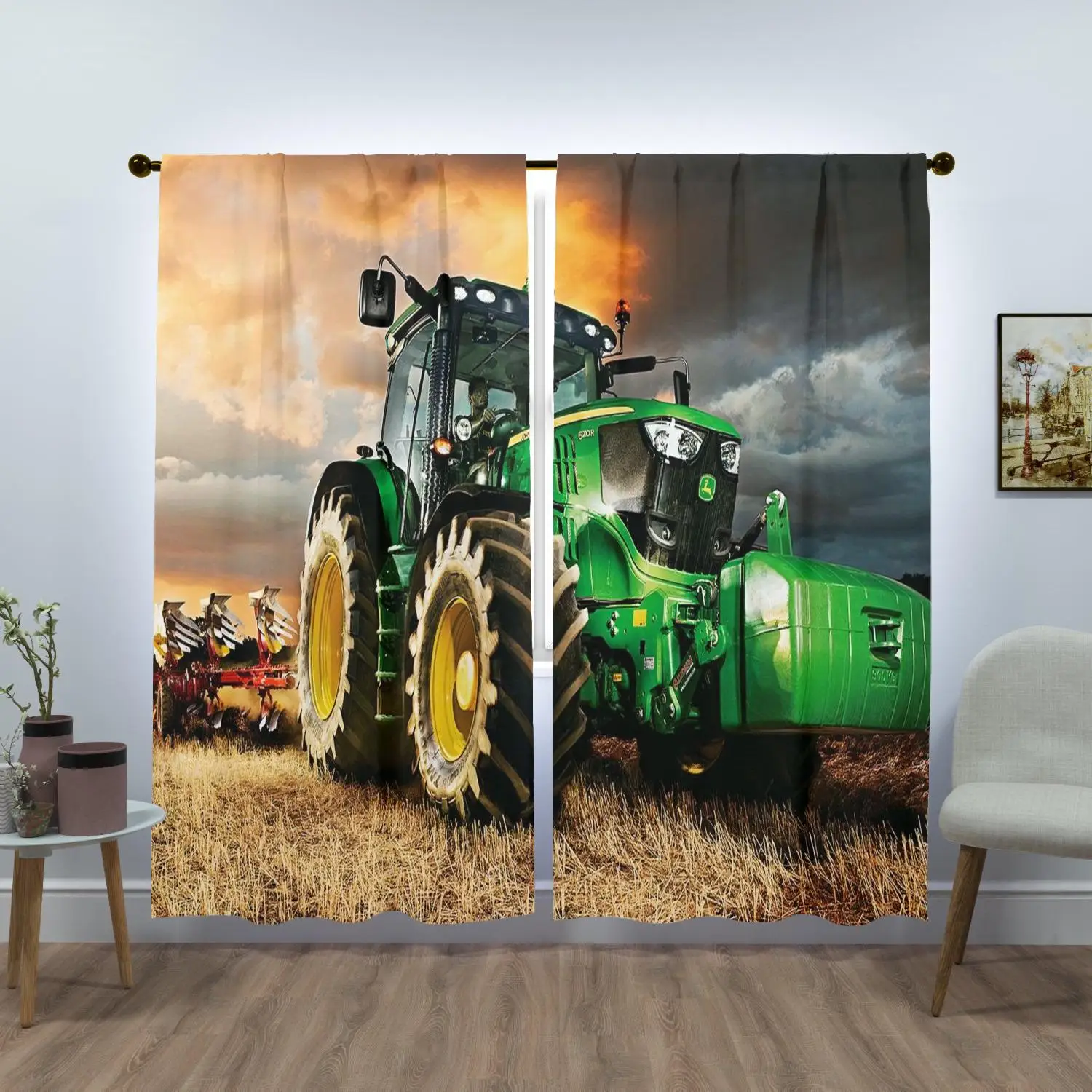 Large Farm Tractor Field Scene Curtain Waterproof Home Decor Curtain for Rustic Barn Style Window Treatment