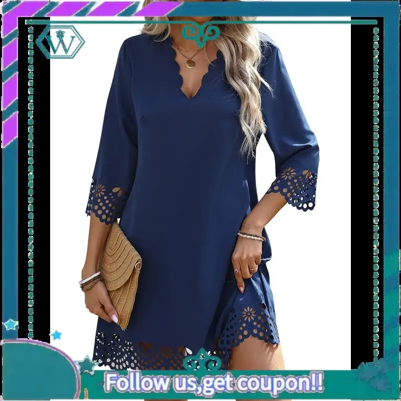 A09P Women's Casual T Shirt Dress Summer 3/4 Length Sleeve Hollow Swing Dresses