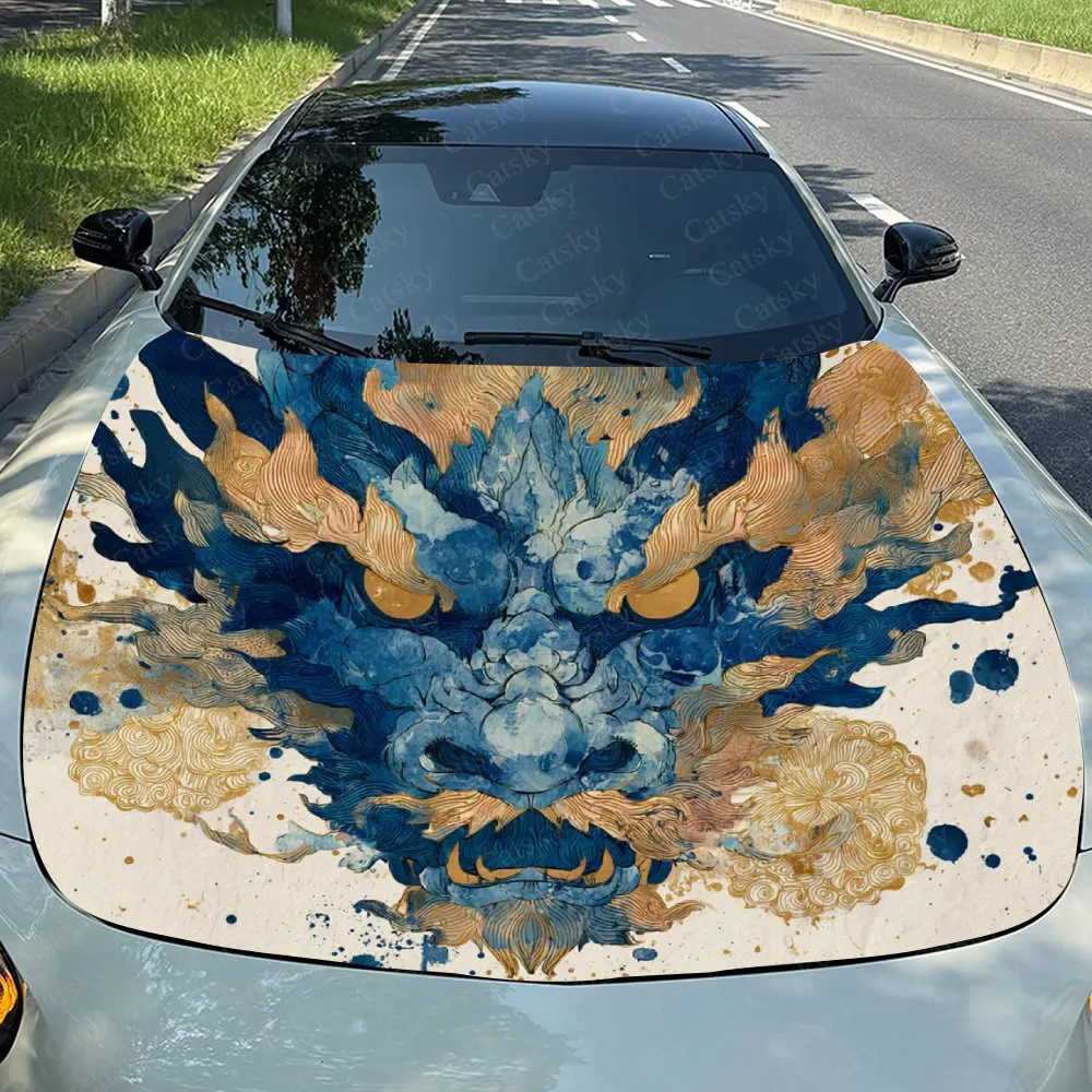 Oriental Blue Dragon Car Hood Sticker, Premium Vinyl Sticker For Automotive Exterior Customization, Durable PVC Vinyl Wrap