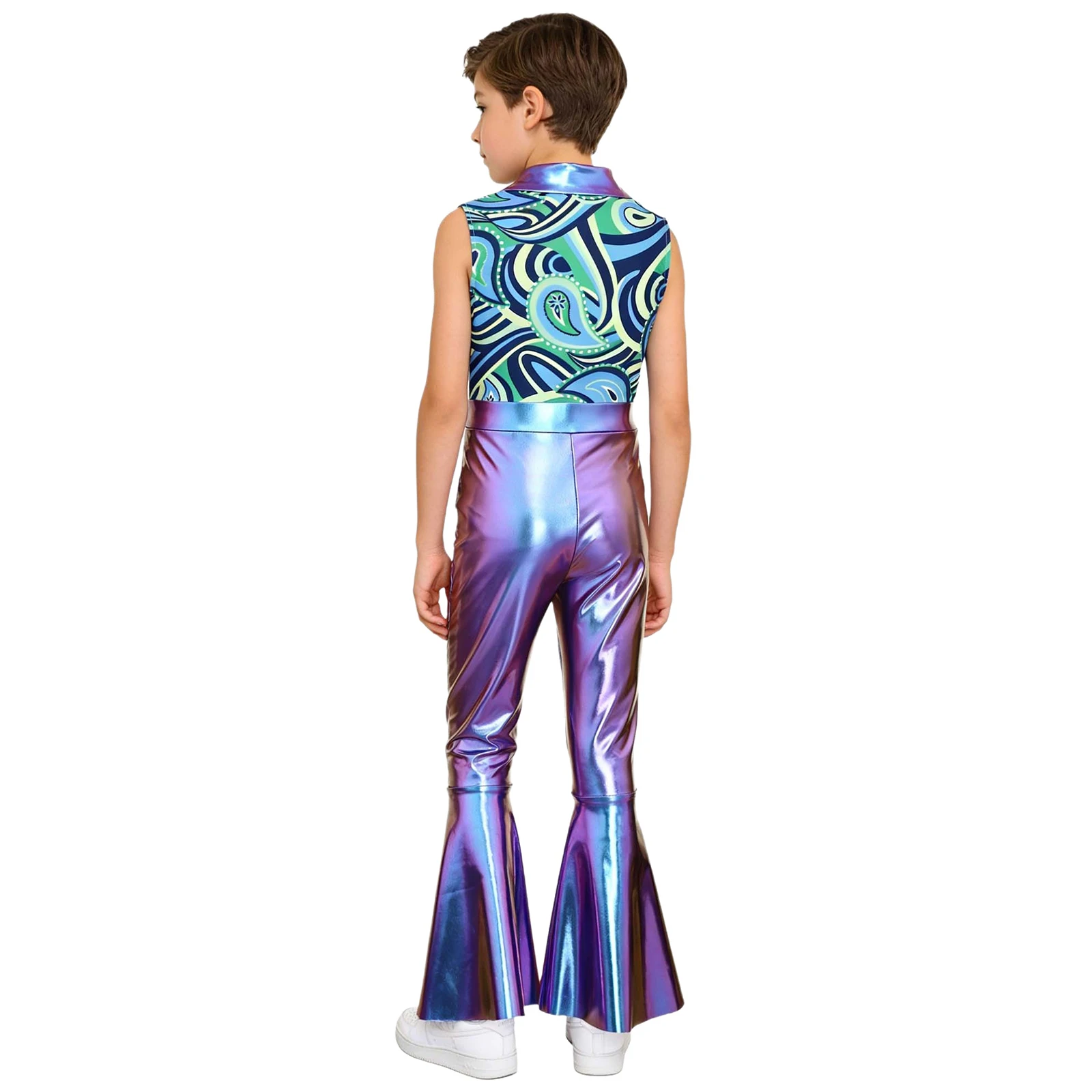Kids Boys Shiny 70s Disco Flared Jumpsuit Halloween Print Hippie Costume Metallic Bell Bottom Pants Jazz Dance Rompers Dancewear view 3