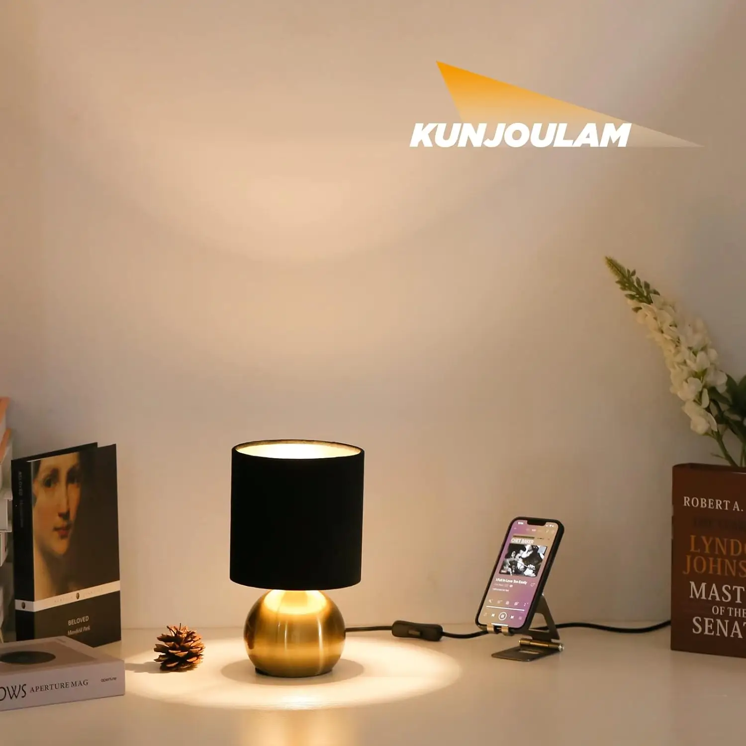 Mid Century Bedside Lamp with Brass Base, Black Fabric Shade for Bedroom, Living Room, Modern Table Lamp