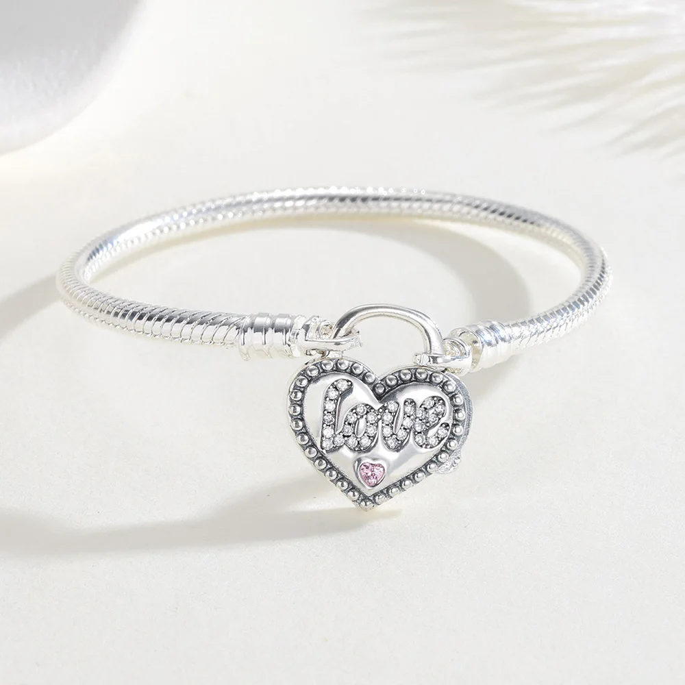 New Bracelet Original 925 Sterling Silver Pink Diamond Padlock Bracelet 17-20CM Love Bracelet For Women DIY Charm Jewelry Gifts