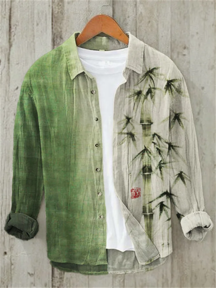 

Linen Shirt Men's Long Sleeve Shirt Japanese Fashion Art Bamboo Turndown Collar Illustration High Quality Large Size Men's Tops