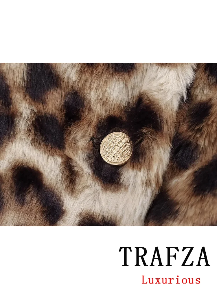 TRAFZA Vintage Chic Women Jackets Leopard Turn-down Collar Long Sleeve Coats New Fashion 2024 Autumn Winter Jacket Outwear