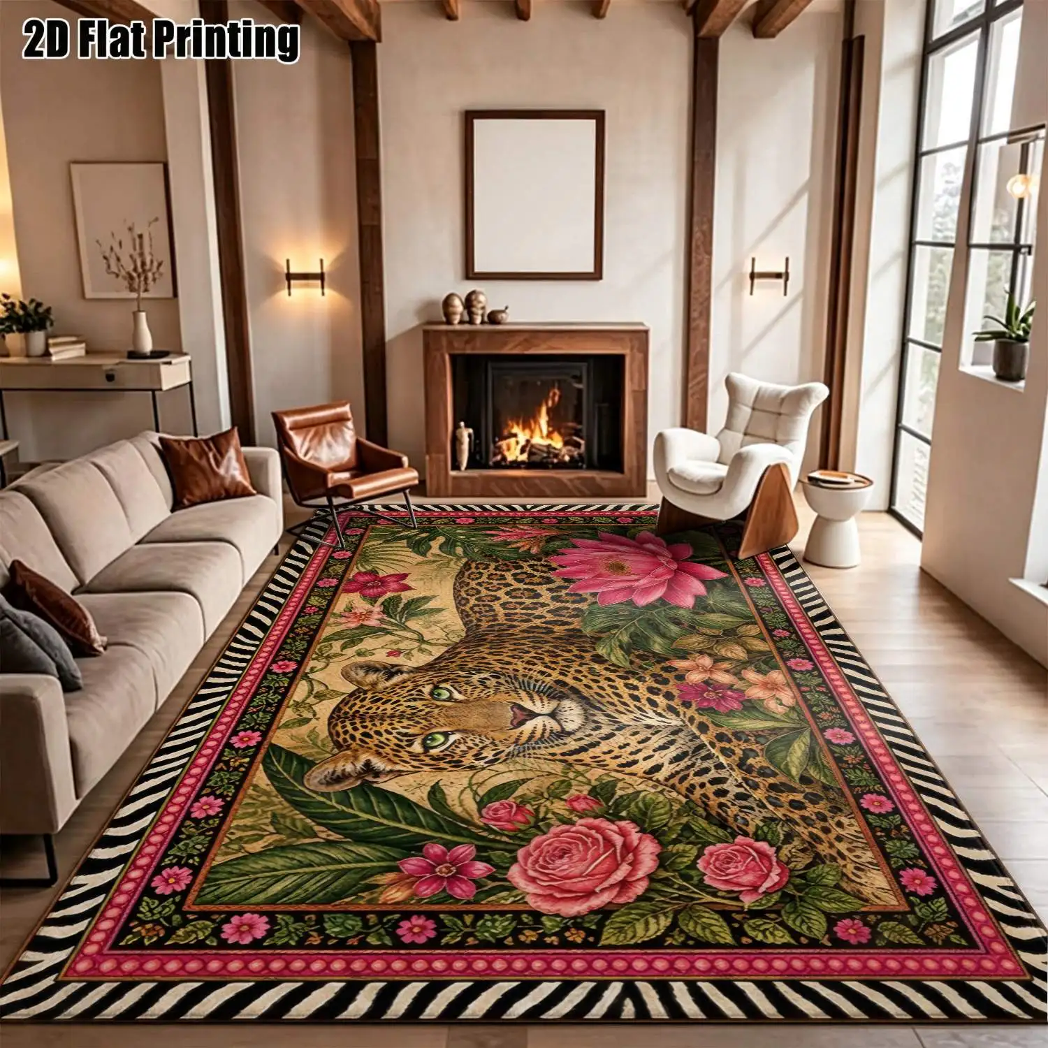 1Pc 2D Printed Leopard&Floral Pattern Carpets: European, Bohemian, Vintage, Geometric Striped Styles Home Decor, Multi-Size, Machine Washable, for Entryway, Dining Room, Foyer, Bedroom, Living Room.