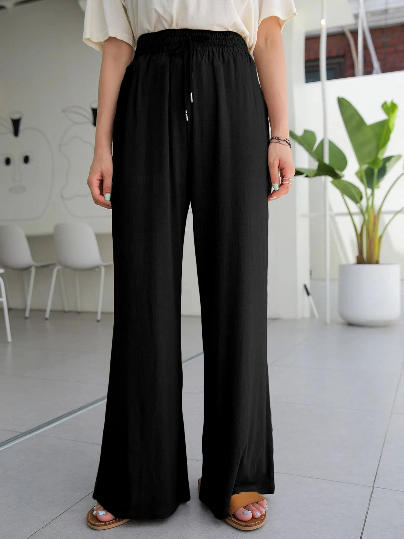 Women Fashion Elastic Waist Wide Leg Long Trousers Casual Solid Color Loose Female Elegant All Match Pants New