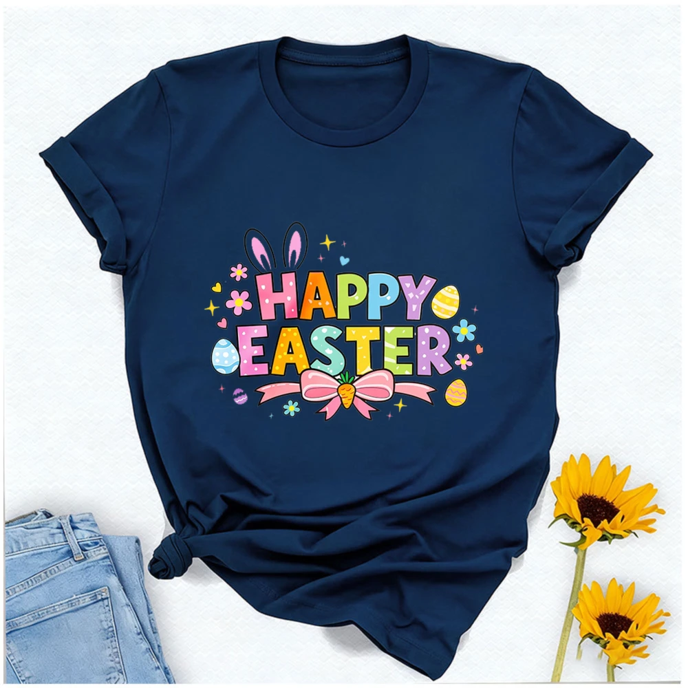 Happy Easter Typographic T-Shirt Bunny Ears Bow with Carrot Egg Floral Graphic Breathable Casual Festive Looks for Short-sleev