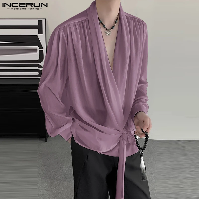 INCERUN Tops 2024 Men Summer Tie Up Chiffon Slightly See-through Shirts Leisure Male Well Fitting Thin Long Sleeved Blouse S-5XL