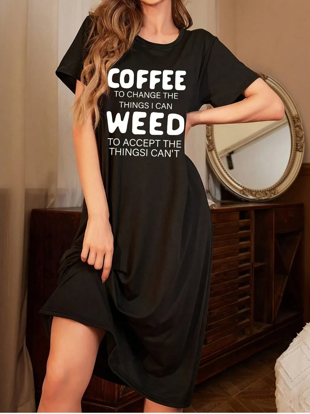 Été nouveau rond Ne lettre imprimer ample décontracté Midi Svel t-shirt Dr femmes trajet Sle Polyester fibre longue jupe