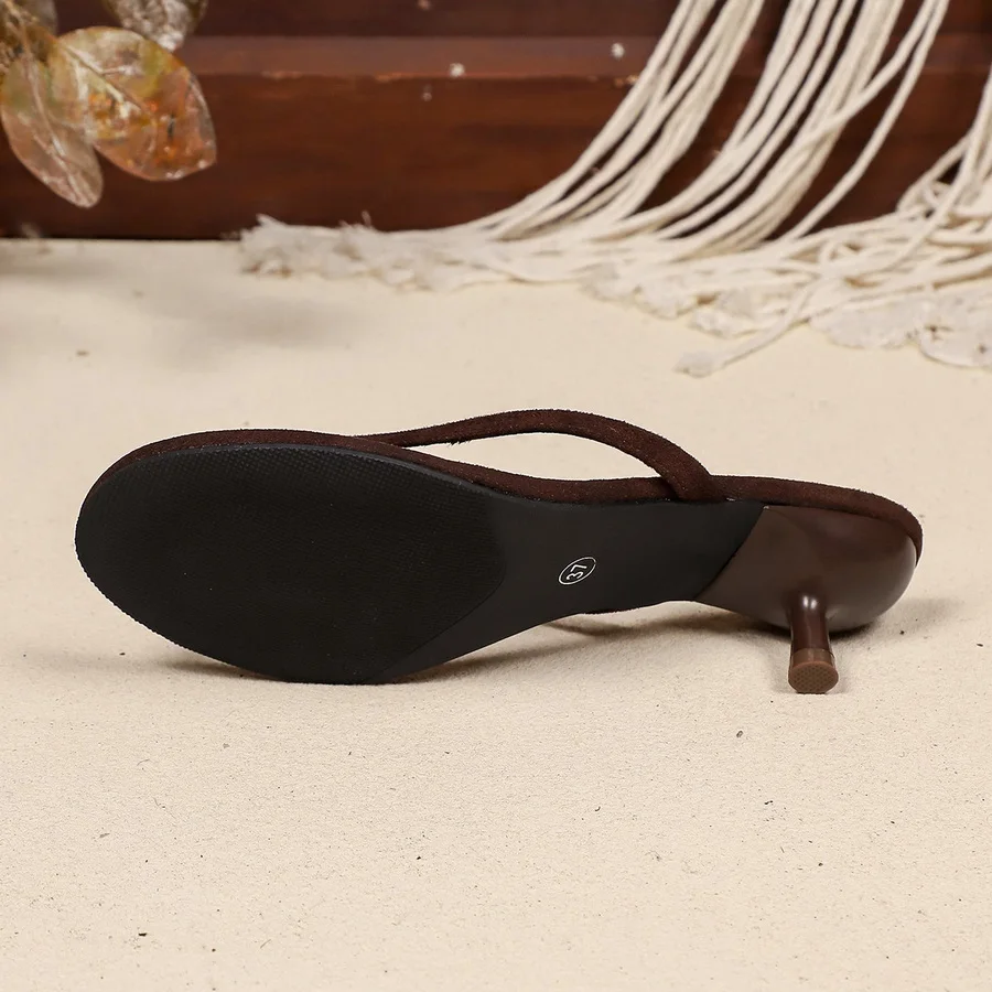 New Faux Suede Heeled Thong Sandals Women Mini Thin Kitten Heel Slides Shoes Woman Non Slip Evening Dress Flip Flops Mule Sandal view 3