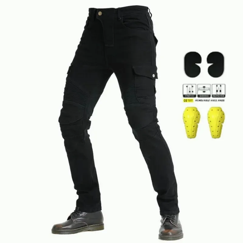 

Off-road Motorcycle Riding Racing Jeans Slim-fitting Pure Black Locomotive Anti-drop Jeans Four Seasons