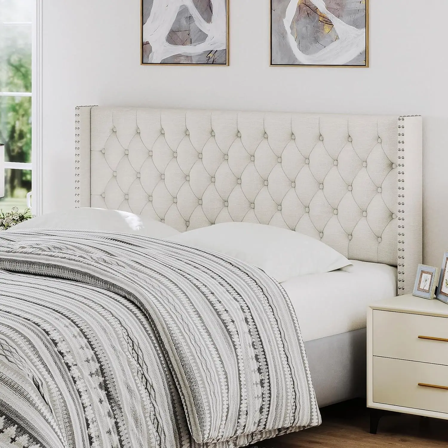 Queen Size Wingback Headboard Only, Ivory Linen Wall Mount Bed Headboard