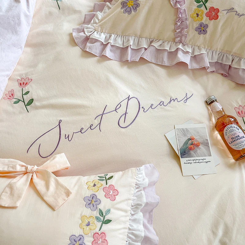 100% Cotton Korean Princess White Bedding Sets Ruffle Bedspread Flower Embroidery Duvet Cover Bed Skirt Pillowcases Home Textile