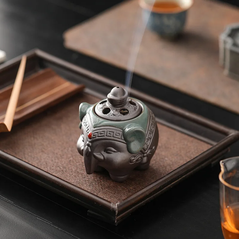 Mini Ceramic Lucky Elephant Incense Burner Zen Style Coil Incense Holder For Indoor Home Decor Tea Table Desktop Living Room Bed