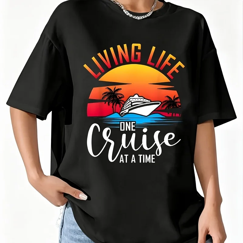 Living Life One Cruise at a Time Family Cruise Cruise Women's 100% Cotton T-Shirt Short Sleeve Top Casual Round Neck Fun Print Tee S-5Xl