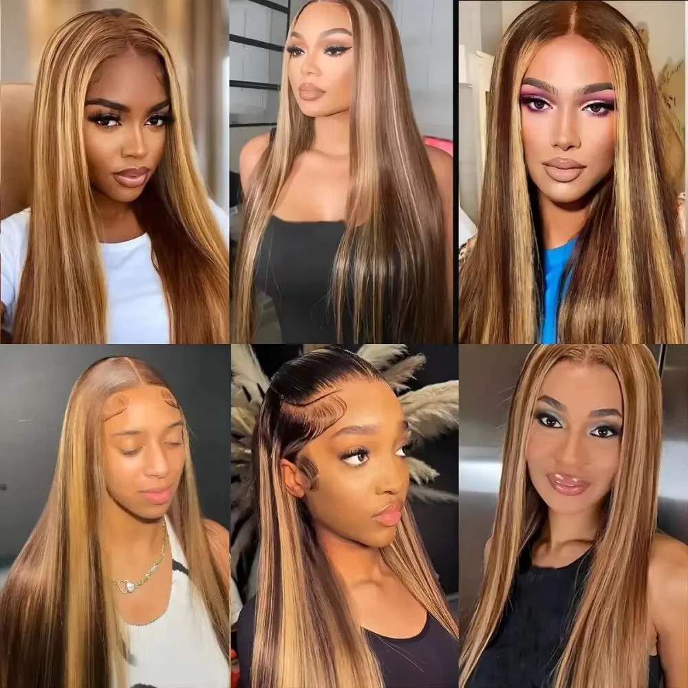 P4/27 Highlight Straight 13x6 HD Lace Frontal Wig P4/27 Straight 200 Density 52 Inch Human Hair Pre Plucked Wigs For Women