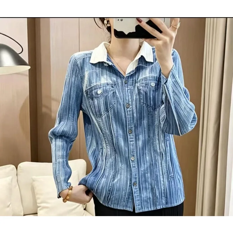 Miyake Pleated Shirt New Denim Color Fashion Turn-down Collar Long Sleeve Top Jacket Elastic Draped Straight Pants Women's Set