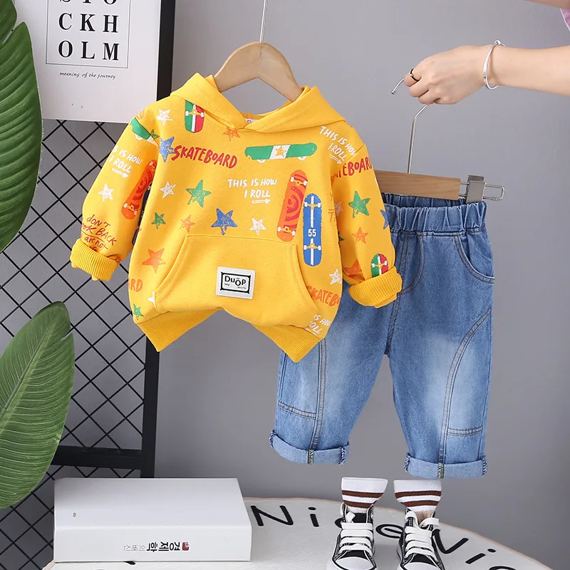 Kids Designer Luxury Clothes Todder Set Spring Autumn Star Printed Long Sleeve Hooded Hoodies Jeans 2PCS Boys Christmas Outfits