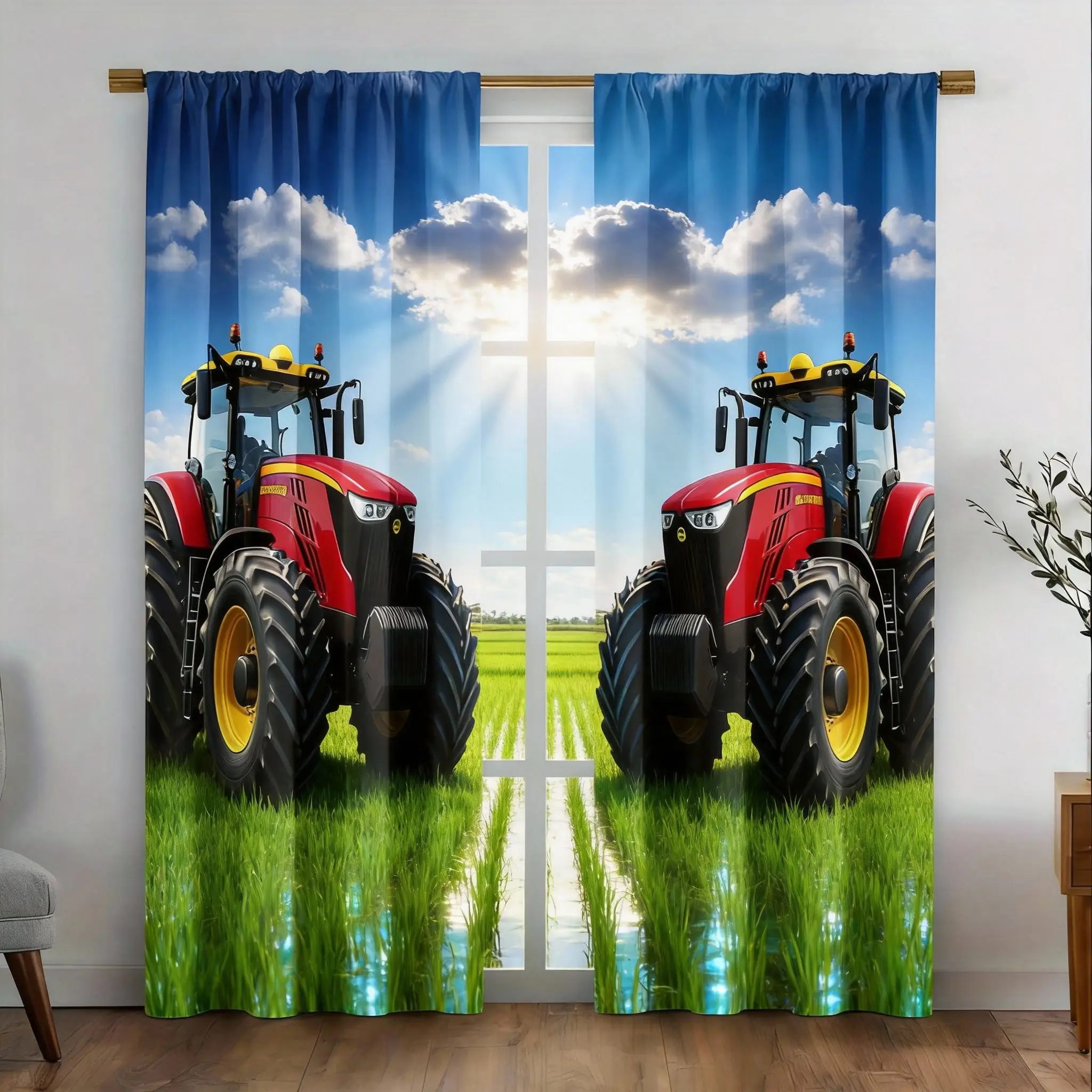 Tractor Curtains 2pcs – Blue Farm Tractor Print Blackout, Boys Bedroom Living Room Decor Rod Pocket with rod pocket design