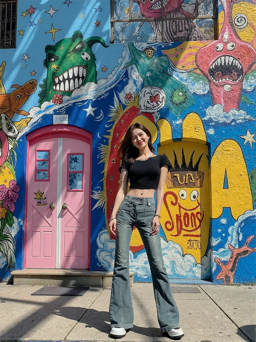 Flare Slim Skinny Floor Jeans Womens Bell Bottoms Stretchy  Fit High Waist Embroidery Patchwork Studs Ripped Jean 