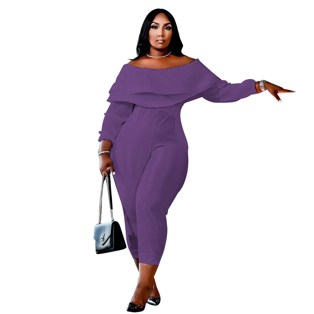 Somo Casual Losse Plus Size Geribbelde Elegante Jumpsuit Vrouwen 2022 Ruches Off Shoulder Lange Broek Rompertjes Groothandel Dropshipping