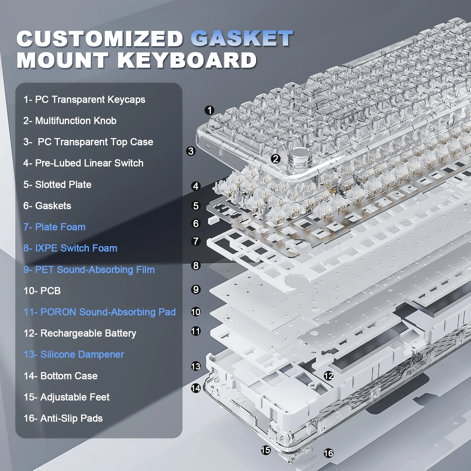 YUNZII X98 لوحة مفاتيح ميكانيكية شفافة بيضاء للألعاب، لوحة مفاتيح QMK/VIA RGB مخصصة مع مقبض، حامل حشية لجهاز Win/Mac #6
