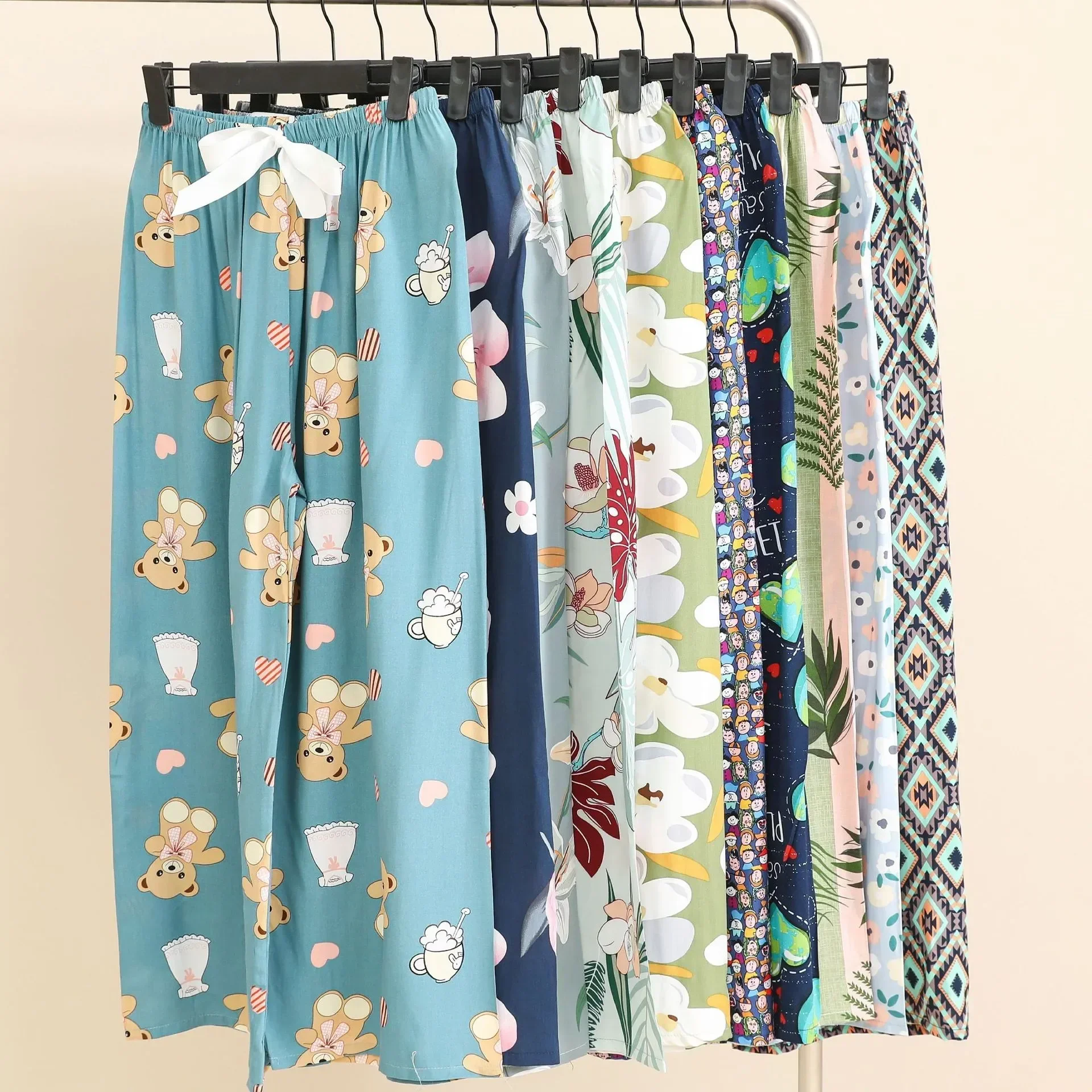 Pantalones holgados cómodos para mujer, ropa de estar por casa, pantalones de fresa, pijamas, ropa ancha para dormir, piernas estampadas, playa, Verano